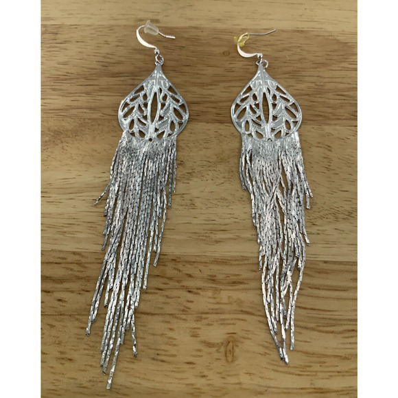 Silver Tone Fringe Tassel Dangle Boho French Hook Fashion Statement Earrings NEW - Picture 7 of 7